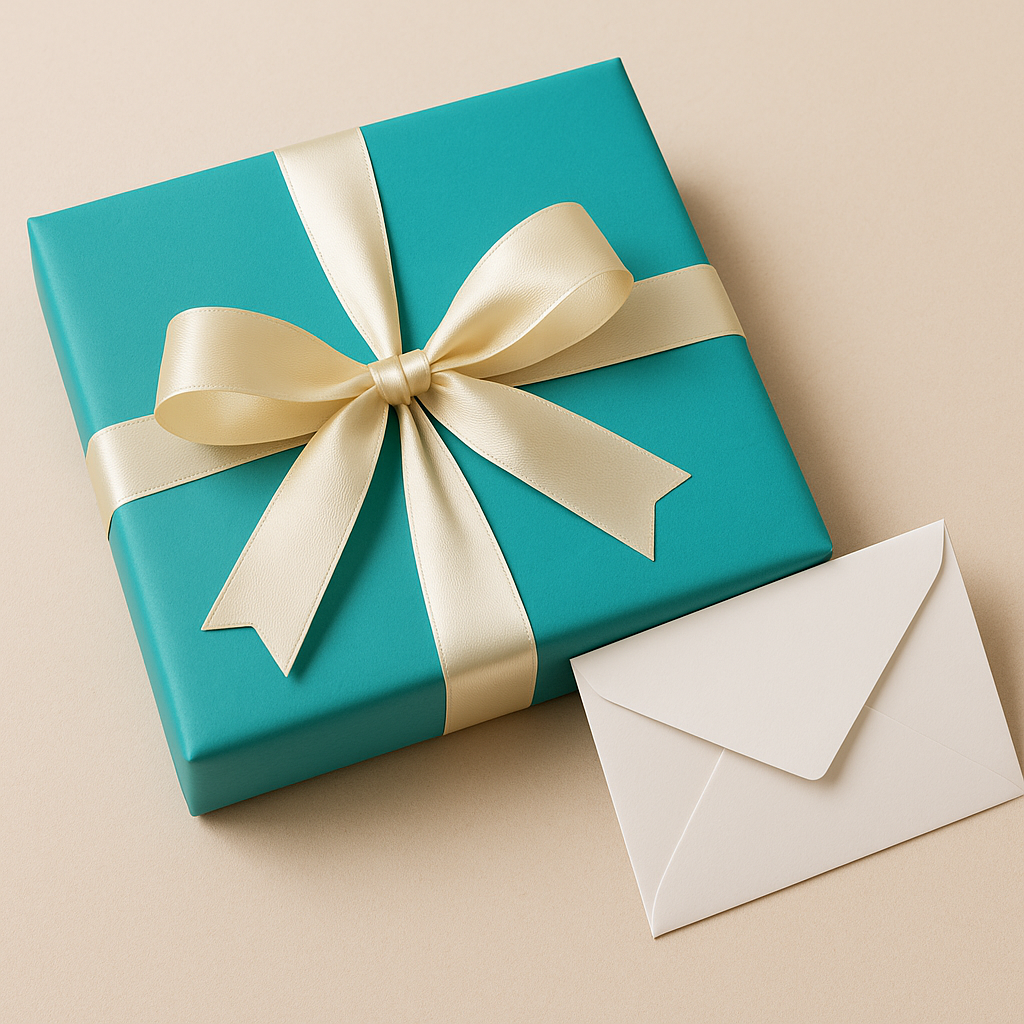 Turquoise gift box with a Cream ribbon and a white envelope on a beige background